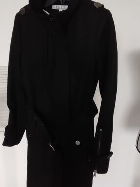Kenneth Cole Black Wool Trench Coat with Silver Button Accents
